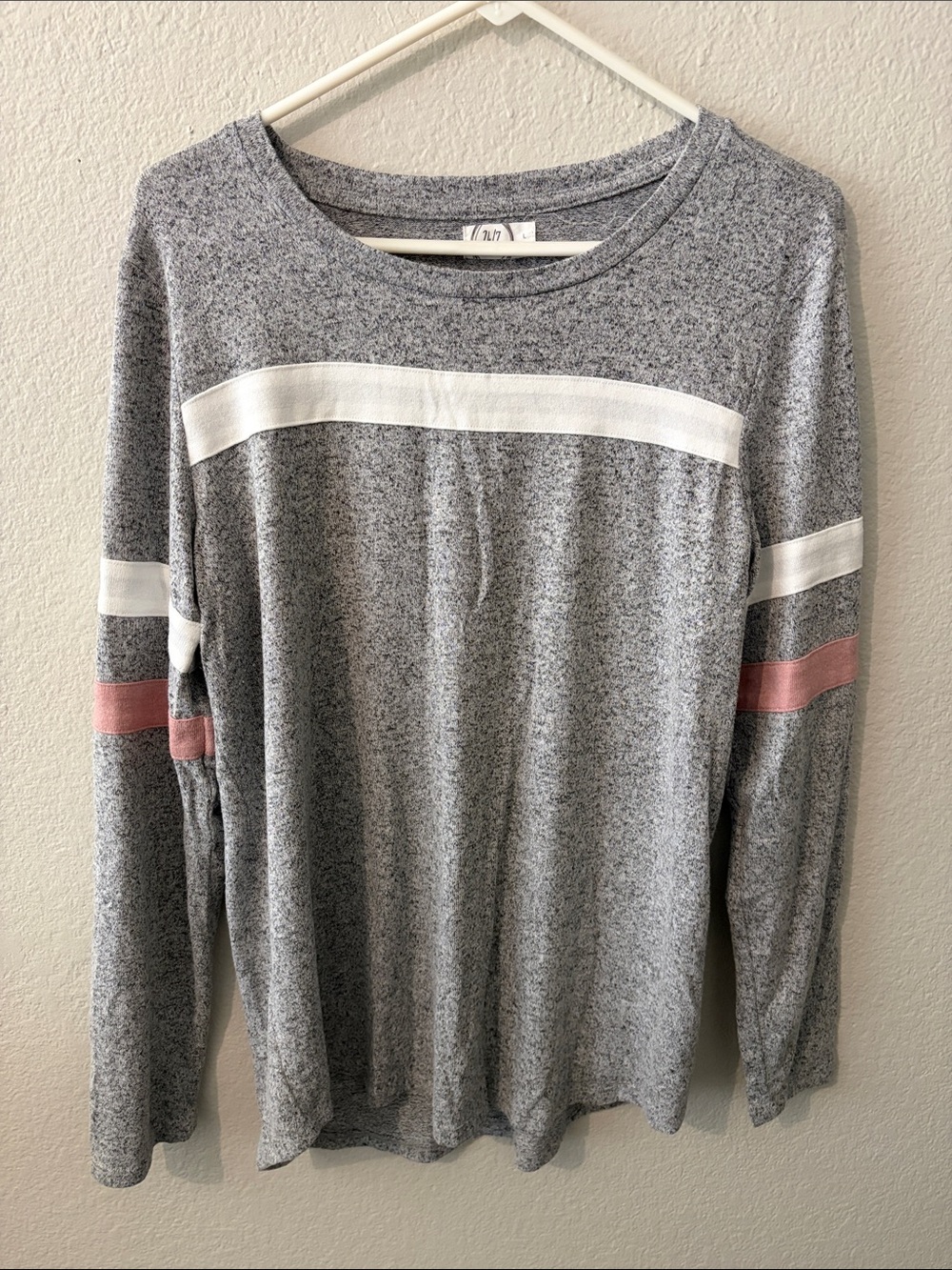 Maurices 24/7 Gray Heather and Pink Crewneck Long Sleeve Top